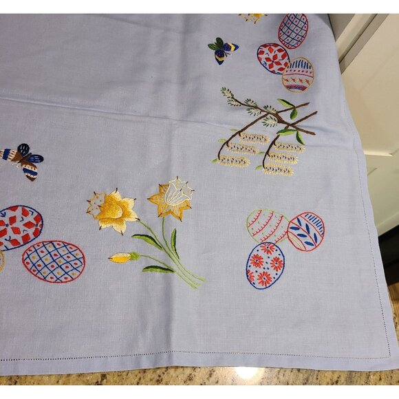 Linen 33x34" Tablecloth Handmade Ukraine Eggs Butterfly Flowers Blue Colorful - Picture 4 of 13